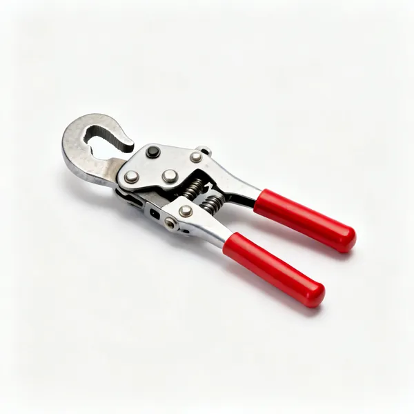 Ratchet cable cutter: A ratcheting cable cutter with a hooked jaw, ratchet body and two red handles