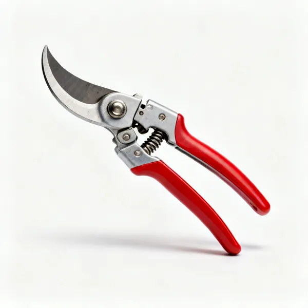 A pair of ratcheting secateurs with red handles, a curved cutting blade and visible ratchet mechanism