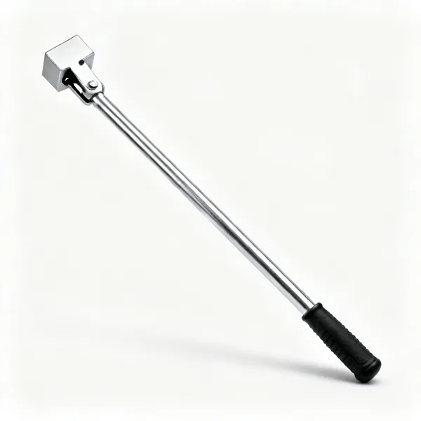Long breaker bar: A long chrome breaker bar with a hinged square drive head and a rubber grip