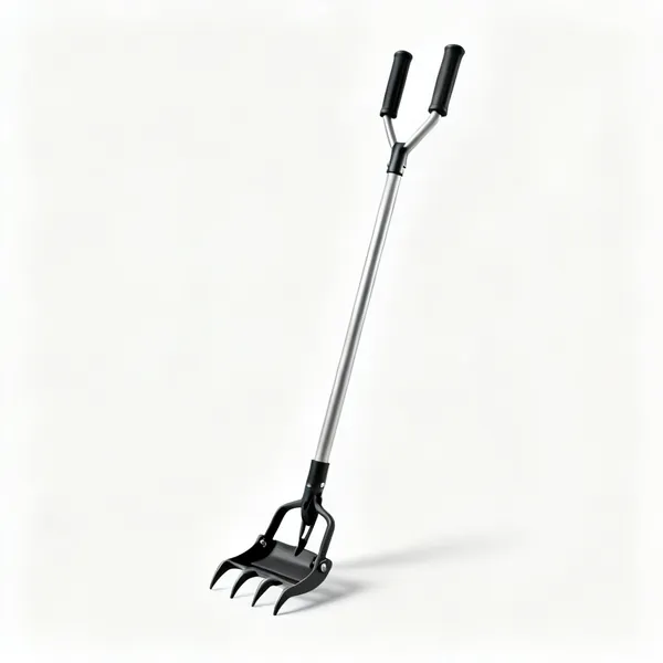 Long handled weeder: A long handled stand up dandelion root removal tool with a foot plate, claw jaws and two upright handles