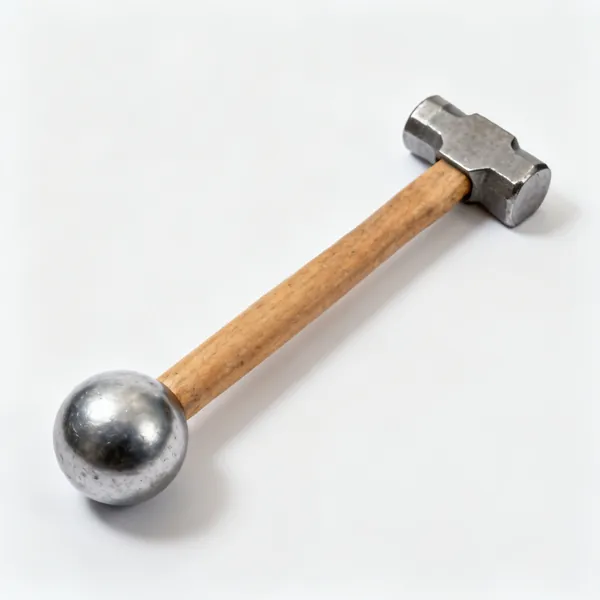 A steel ball pein hammer with a rounded pein and a wooden handle