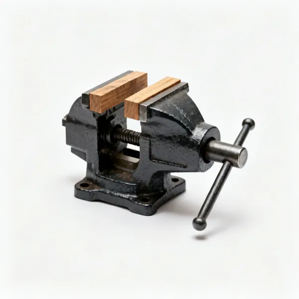 A compact cast iron bench vice with wooden jaw liners, complete tool centred with clear space around it
