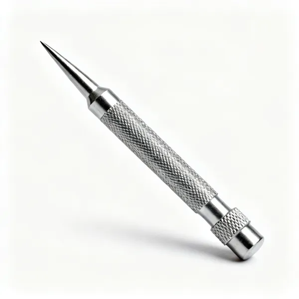 A steel centre punch with a pointed tip and a knurled body