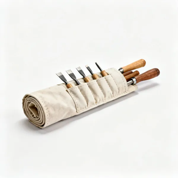 Chisel roll: A rolled canvas tool roll with individual pockets holding wood chisels