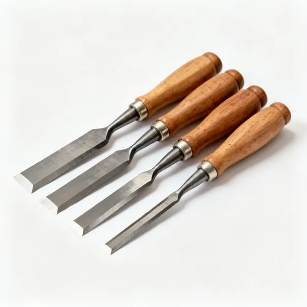 Chisel set: A set of four bevel edge wood chisels of graduated widths with wooden handles