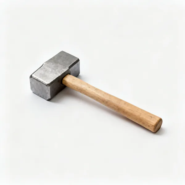A steel club hammer with a heavy square head and a short wooden handle, laid diagonally with clear space at every edge