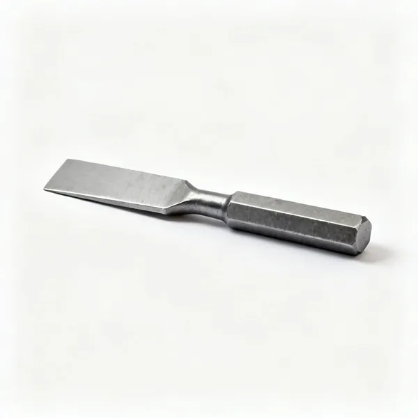 A steel cold chisel with a blunt flat cutting edge and a hexagonal shaft