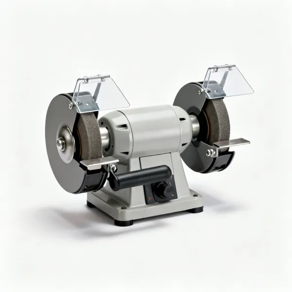 A bench grinder with two wheels, guards and a tool rest