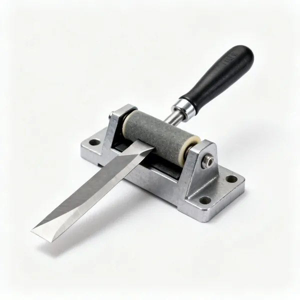 A metal honing guide jig clamping a chisel blade with a roller