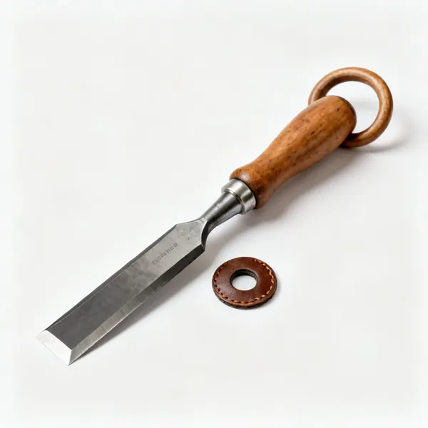 A heavy mortise chisel with a thick deep blade, a leather washer and a hooped wooden handle