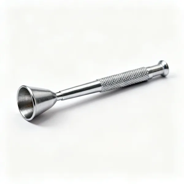 A steel nail punch with a cupped tip and a knurled body