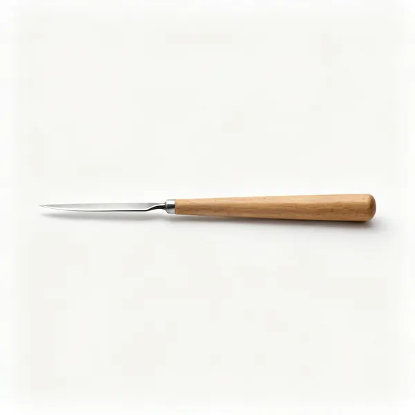 A long thin paring chisel with a slender blade and a long wooden handle
