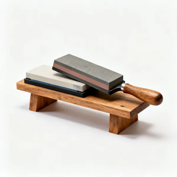 Two rectangular sharpening stones of different grits on a wooden bench