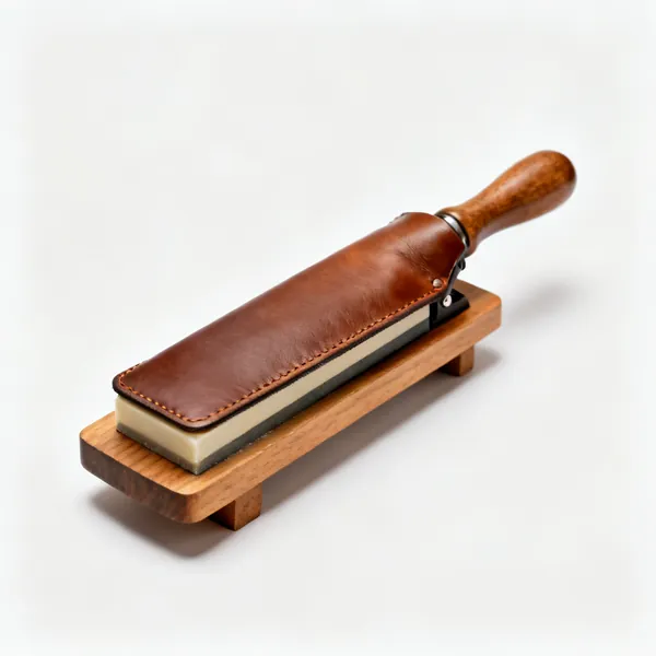 A leather strop on a wooden paddle with a bar of honing compound