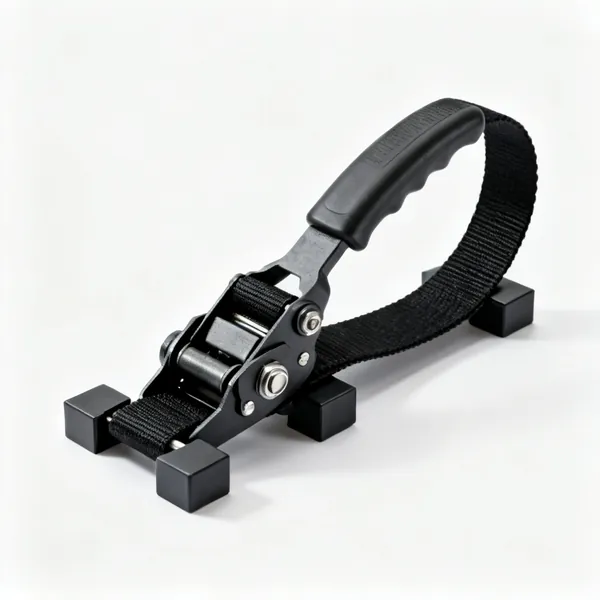 A nylon band clamp strap with a ratchet tensioner and four corner blocks
