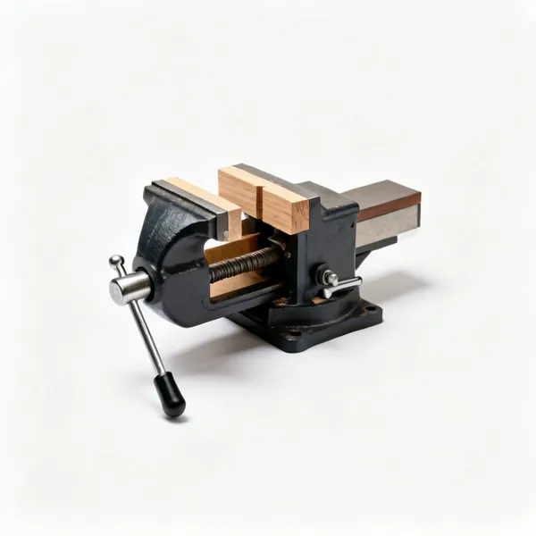 Woodworking vice: A woodworking bench vice with wooden jaw liners mounted flush under a bench top