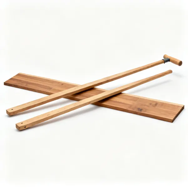 Two long wooden cauls battens lying across a wooden panel