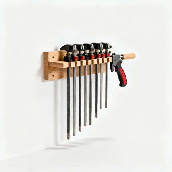 Clamp rack: A wall mounted wooden clamp storage rack holding several bar clamps