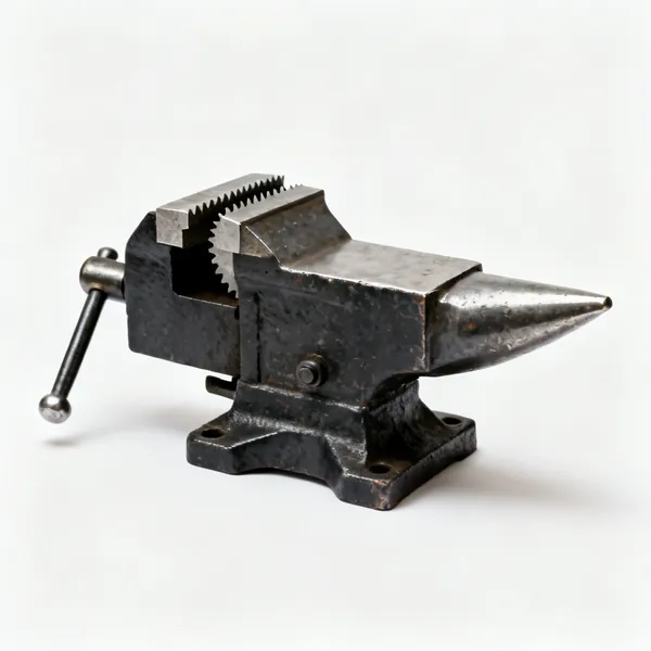 Engineer's vice: A cast iron engineer's bench vice with serrated steel jaws and an anvil