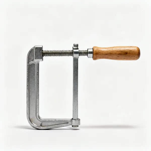 An F clamp with a steel bar, a sliding jaw and a wooden handle screw