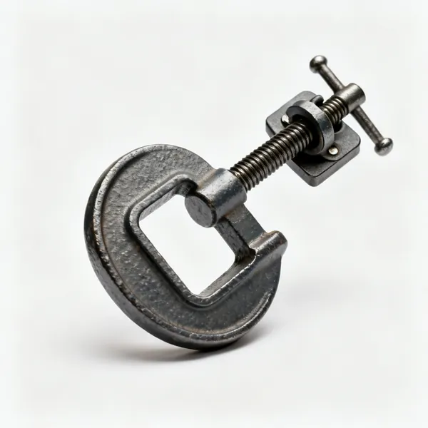 A cast iron G clamp with a threaded screw and a swivel pad