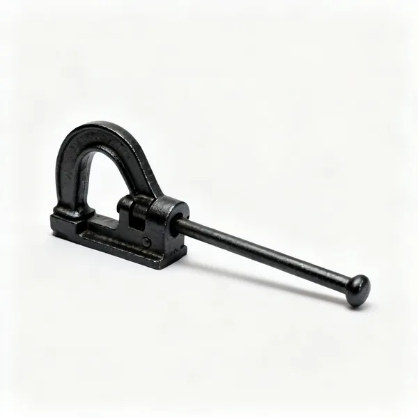 Bench hold down: A black iron bench holdfast with a curved arm and a long shaft
