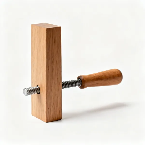 A wooden leg vice screw with its tall flat wooden jaw