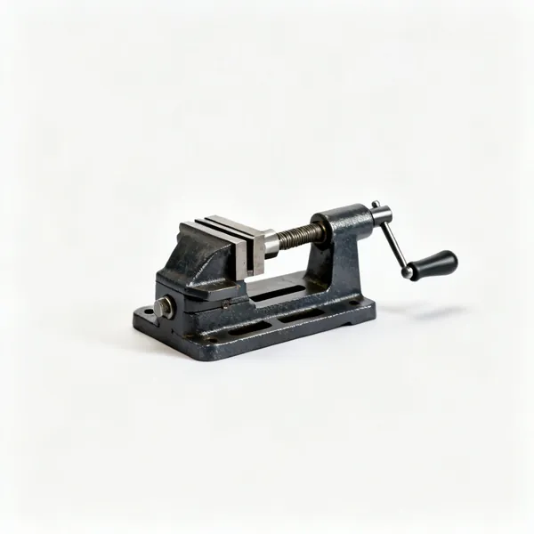 A small cast iron drill press machine vice with a flat base and slots