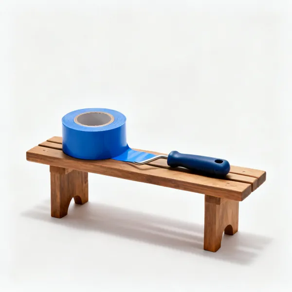 A roll of blue masking tape on a wooden bench