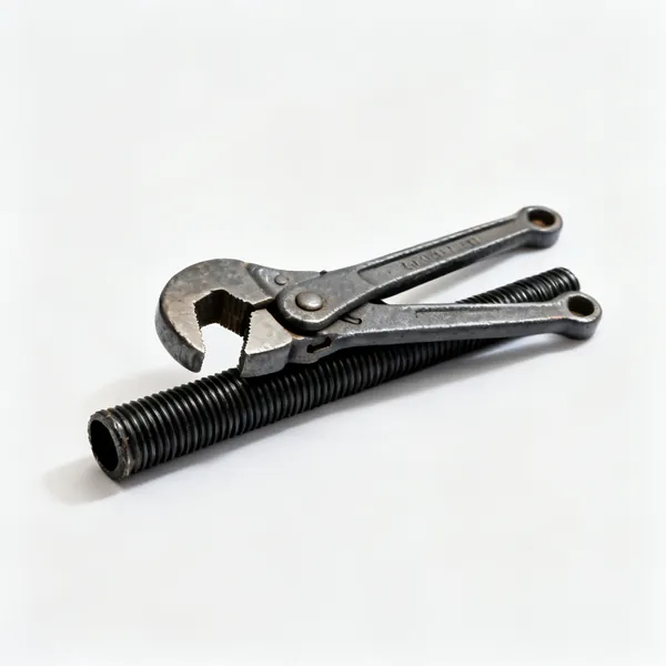 A pair of cast pipe clamp fittings on a short stub of black threaded pipe, laid diagonally with clear space at every edge