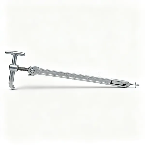 A long steel sash cramp with a T bar, a screw head and a pinned sliding tail