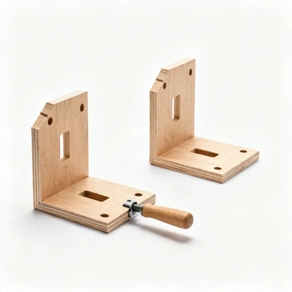 Two L shaped plywood clamping squares with cut out corners