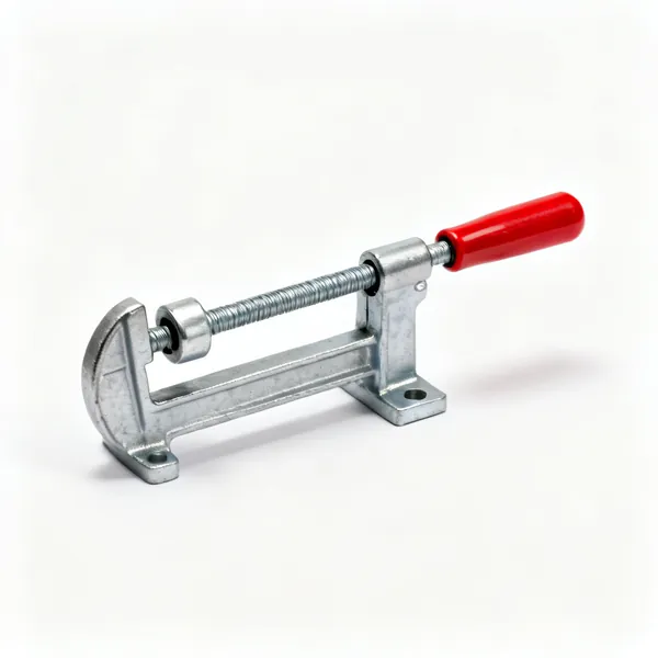 Toggle clamps: A metal horizontal toggle clamp with a red handle and a mounting base