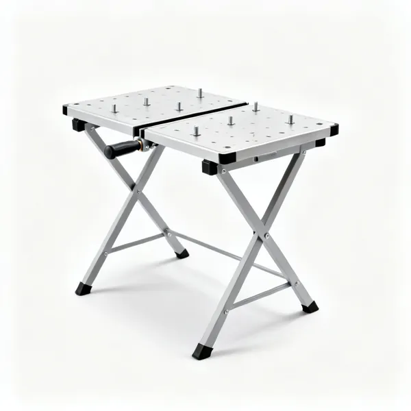 A folding portable workbench with a split clamping top and pegs