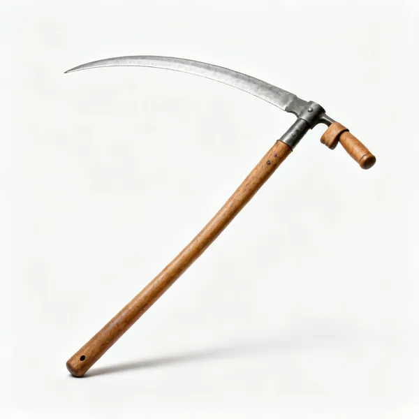 An austrian scythe with a long thin curved steel blade and a wooden snath with two grips