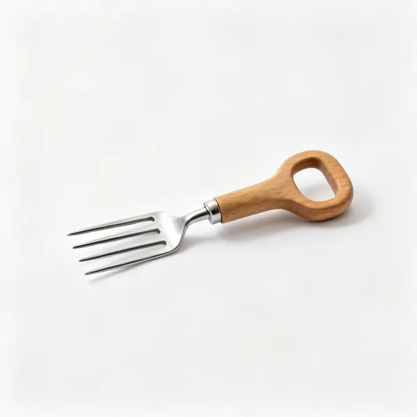 A small border fork with four short steel tines and a short wooden D handle