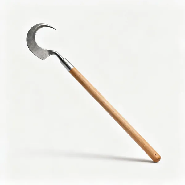 A brush hook with a heavy curved hooked steel blade on a long wooden handle