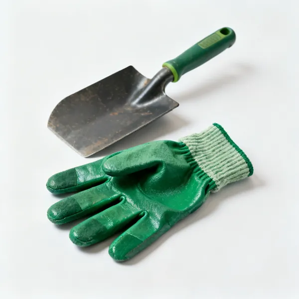 A pair of green gardening gloves with a coated palm and a knitted cuff