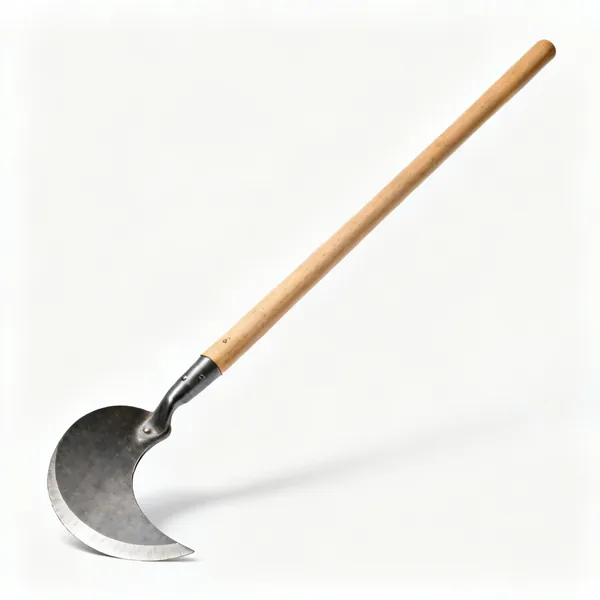 A garden edging iron with a half moon crescent steel blade and a long wooden shaft