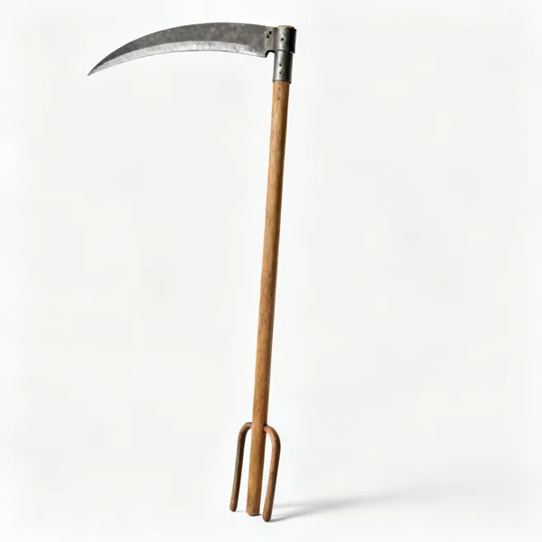 An english scythe with a heavy curved steel blade and a long straight wooden snath with two handles