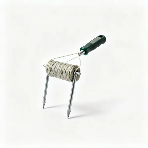 A garden line with string wound on two pointed metal pegs