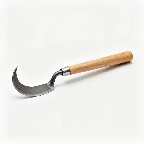 A grass hook with a short heavy curved steel blade and a wooden handle