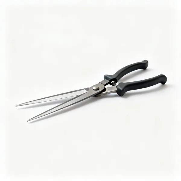 A pair of grass shears with two long straight blades and shaped handles