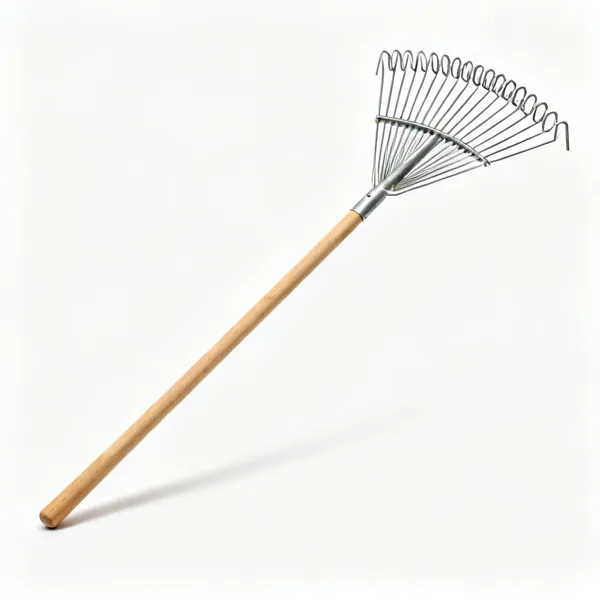 A spring tine lawn rake with a fan of long springy metal tines and a long wooden handle