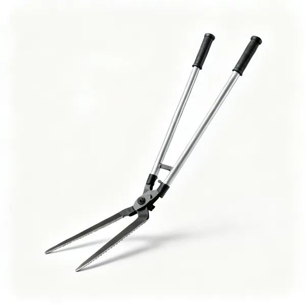 A pair of long handled grass shears with two tall tubular handles and horizontal blades