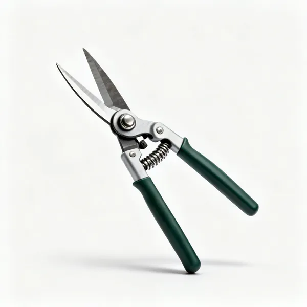 A pair of one handed grass shears with a swivelling head, sprung handle and short blades