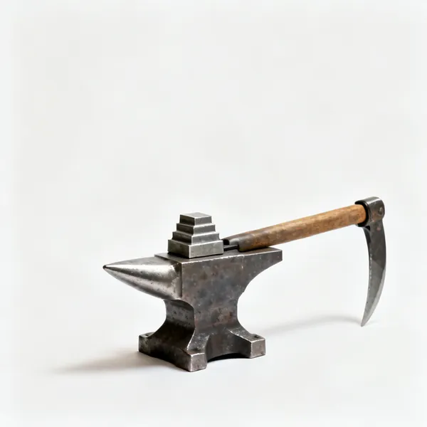 A scythe peening jig with a small steel anvil base and a stepped forming cap