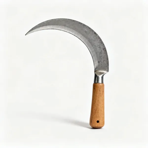 A sickle with a curved crescent shaped steel blade and a short wooden handle
