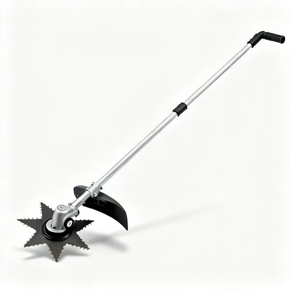 Rotary edger: A rotary lawn edger with a star shaped cutting wheel, guide wheel and long handle