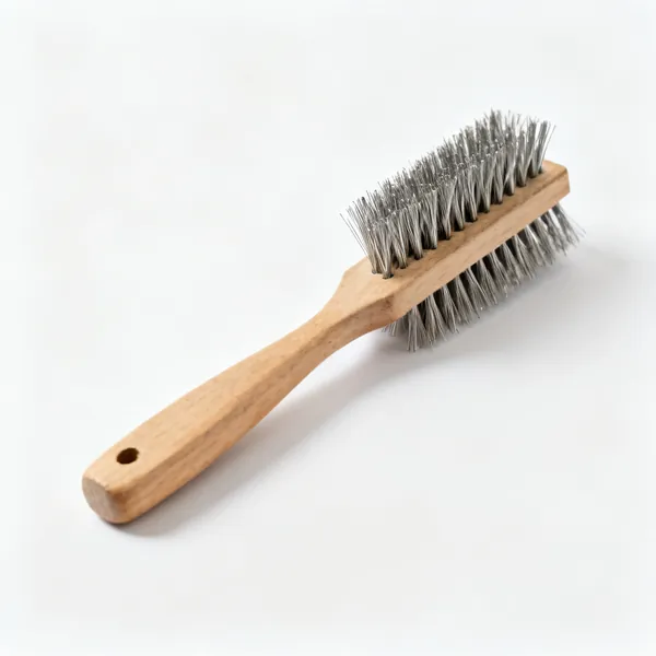 A hand wire brush with stiff steel bristles and a wooden handle